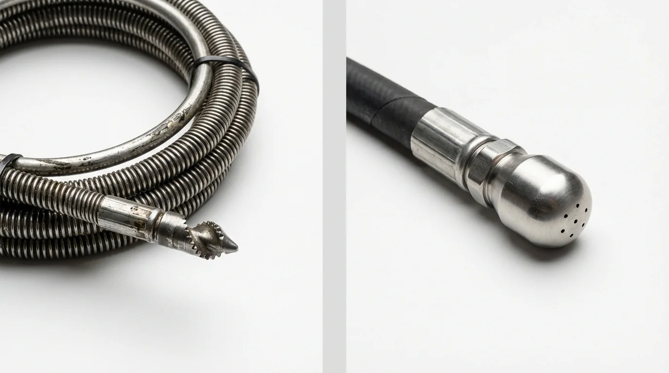 Drain snake cable and hydro jetting nozzle used for drain cleaning in Winfield, IA