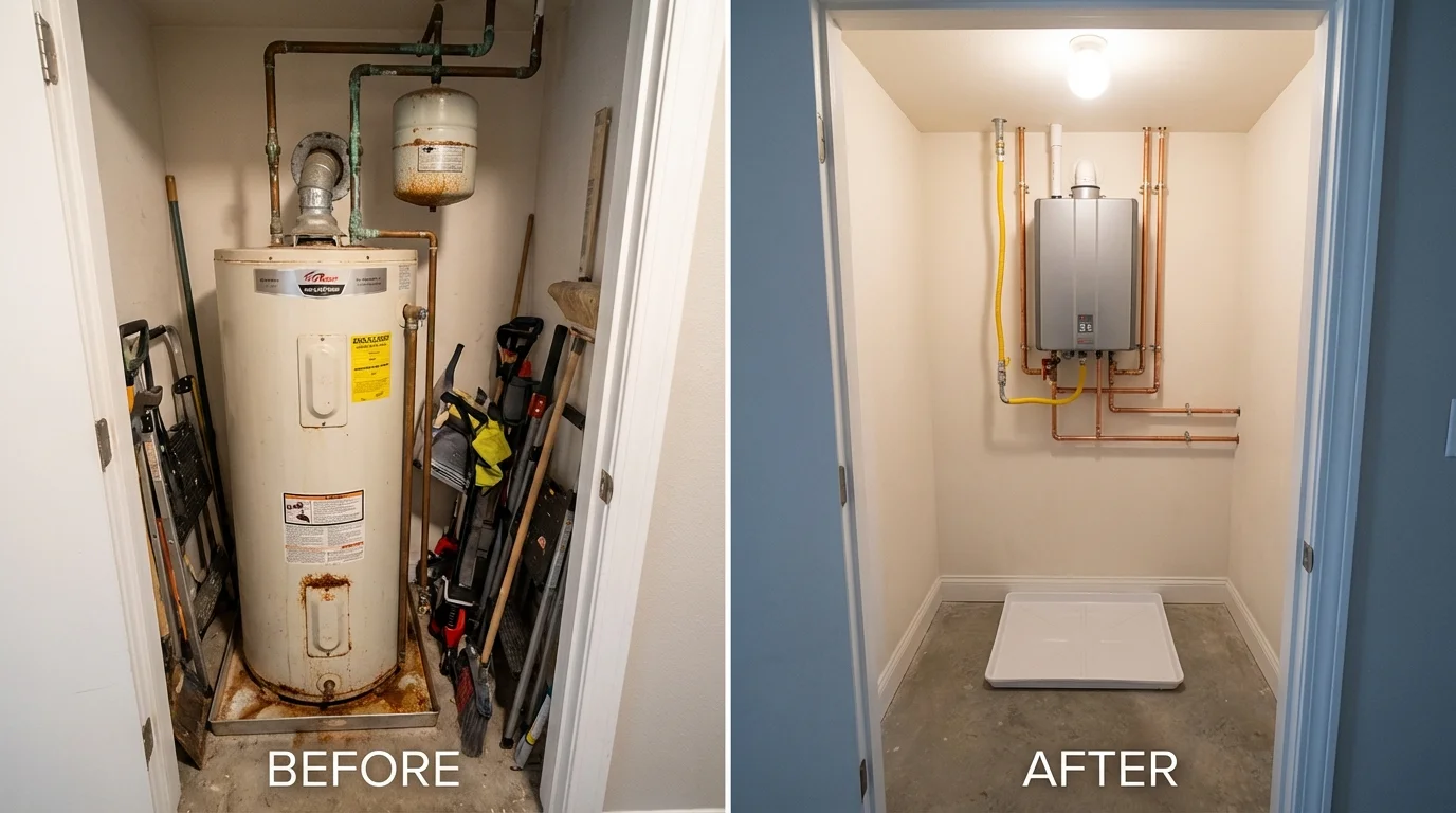 Tank water heater versus wall-mounted tankless unit comparison for Winfield, IA homeowners