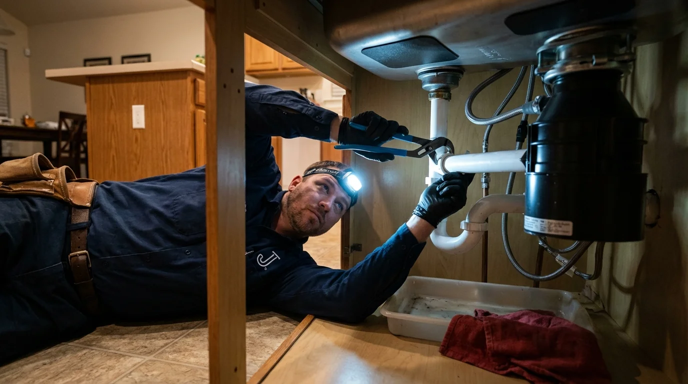 P-trap and supply line connections under a kitchen sink showing a common leak point in Winfield, IA